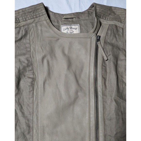LUCKY BRAND LAMB LEATHER + LINEN Women Medium Taupe Asymmetrical Zip Moto Jacket - Picture 3 of 14